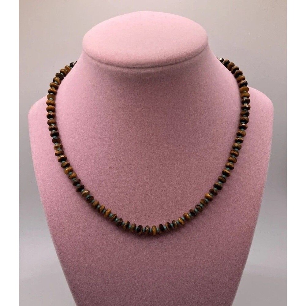 Vintage Brown Flat And Turquoise Type Beaded Necklace Costume Jewelry